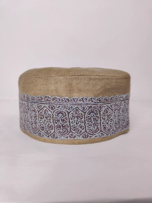 Designer Kashmiri Beige Cap with Hand Sozni Embroidery Sarmast