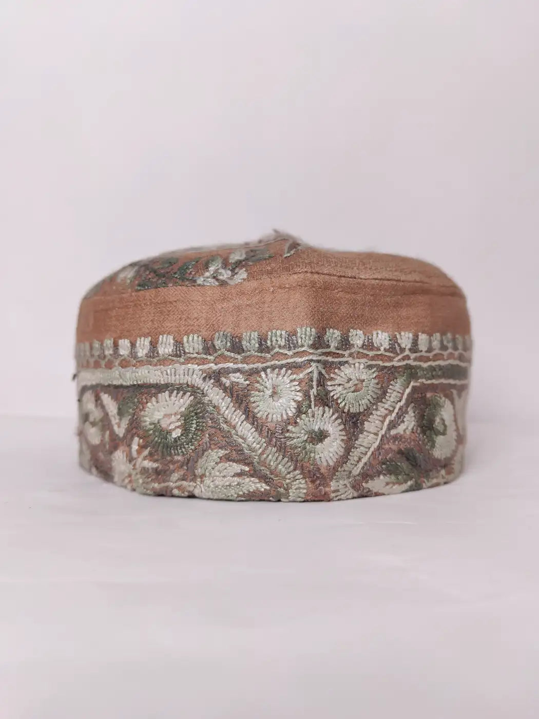 Kashmiri Beige Handmade Cap with Hand Sozni Embroidery