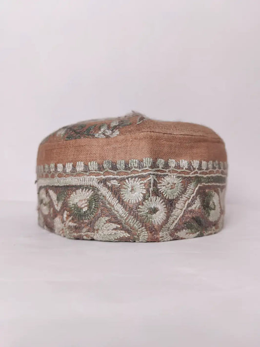 Kashmiri Beige Handmade Cap with Hand Sozni Embroidery