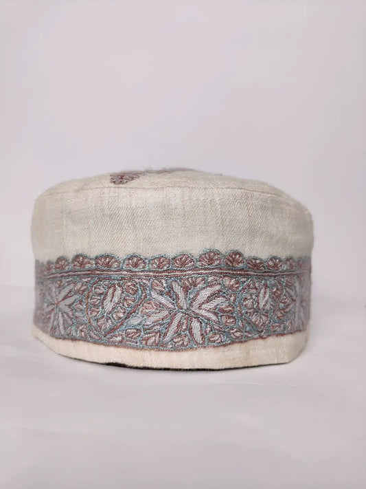 Cream Round Zubani Cap with Kashmiri Hand Sozni Embroidery