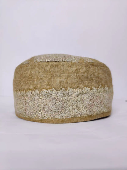 Kashmiri Round Ayaan Beige Cap with Hand Sozni Embroidery