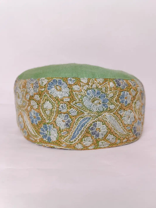 Designer Kashmiri Green Cap with Hand Sozni Embroidery