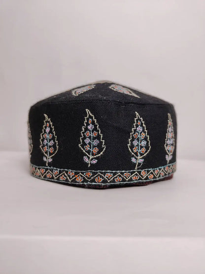 Fareed Black Mens Pure Pashmina Cap with Kashmiri Hand Sozni Embroidery