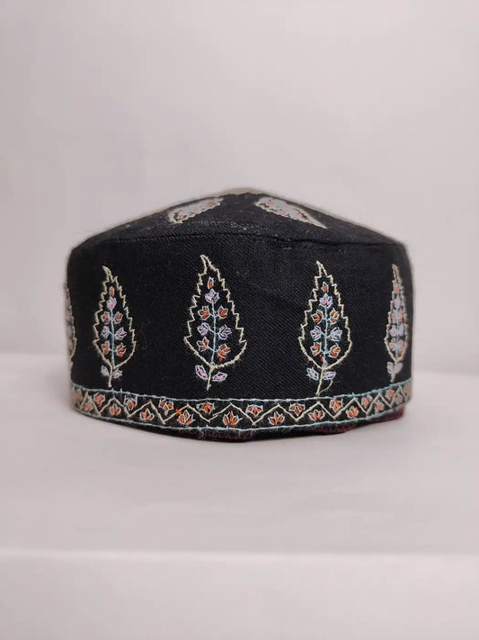 Fareed Black Mens Pure Pashmina Cap with Kashmiri Hand Sozni Embroidery