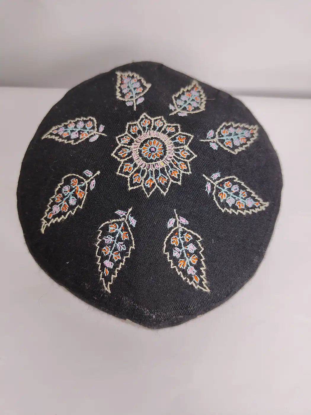 Fareed Black Mens Pure Pashmina Cap with Kashmiri Hand Sozni Embroidery