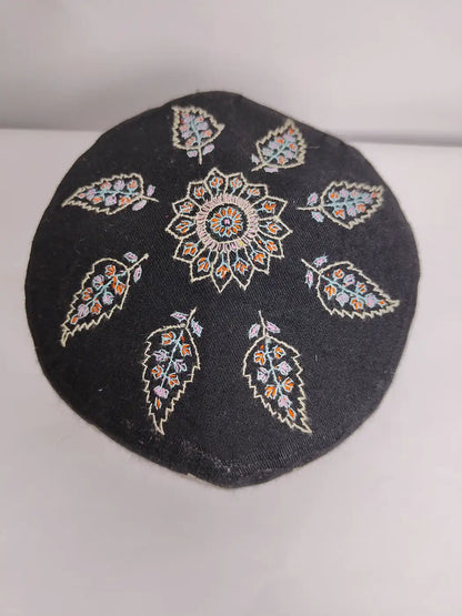 Fareed Black Mens Pure Pashmina Cap with Kashmiri Hand Sozni Embroidery