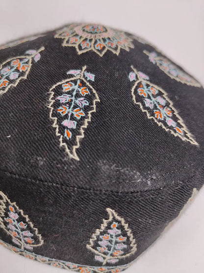 Fareed Black Mens Pure Pashmina Cap with Kashmiri Hand Sozni Embroidery
