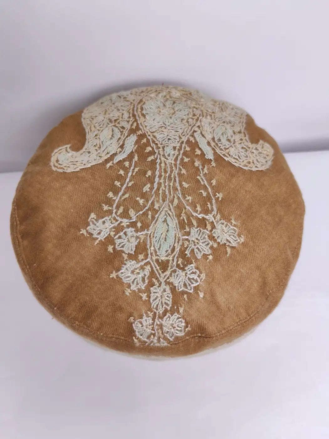 Kashmiri Pashmina Beige Sozni Work Cap | Ghulam Azam