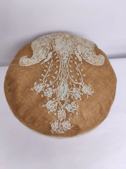 Kashmiri Pashmina Beige Sozni Work Cap | Ghulam Azam