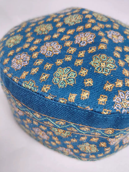 Kashmiri Jamshed Blue Pashmina Cap for Gents with Hand Sozni Embroidery