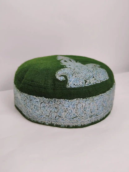 Kashmiri Pashmina Green Designer Sozni Work Cap | Khan