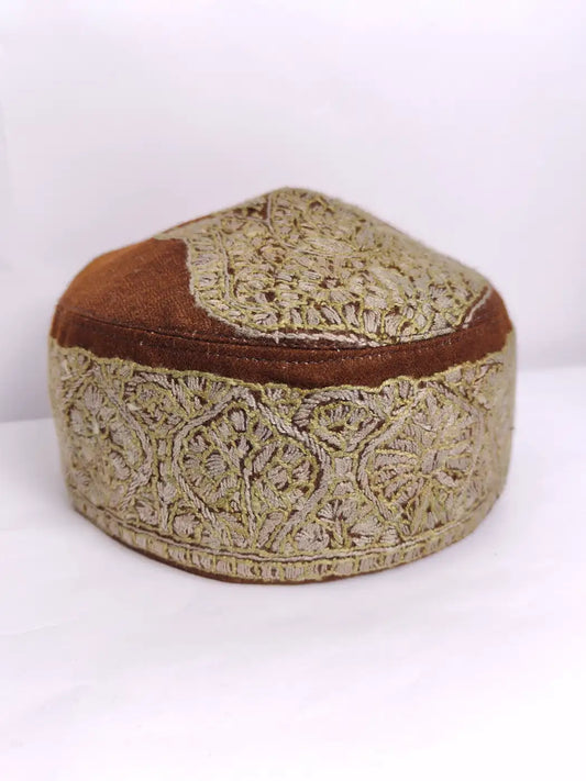 Yaqoob Pashmina Unique Cap in Brown with Kashmiri Sozni Embroidery
