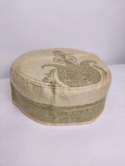 Stylish Pashmina Hafiz Cap in Cream with Kashmiri Sozni Embroidery