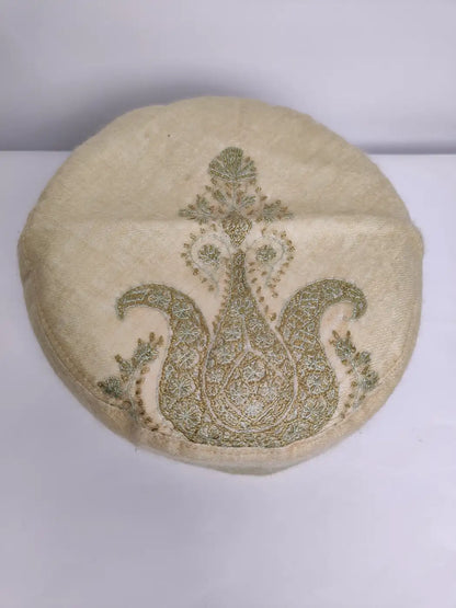Stylish Pashmina Hafiz Cap in Cream with Kashmiri Sozni Embroidery