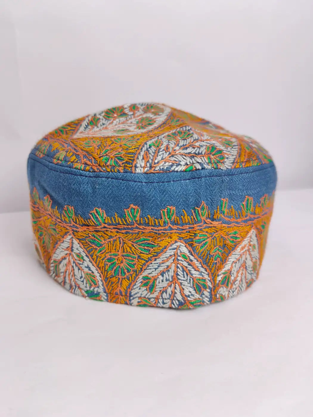 Kashmiri Pashmina Cap in Blue with Kashmiri Sozni Embroidery