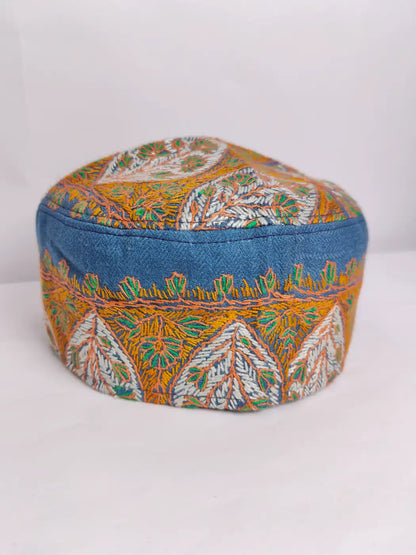 Kashmiri Pashmina Cap in Blue with Kashmiri Sozni Embroidery