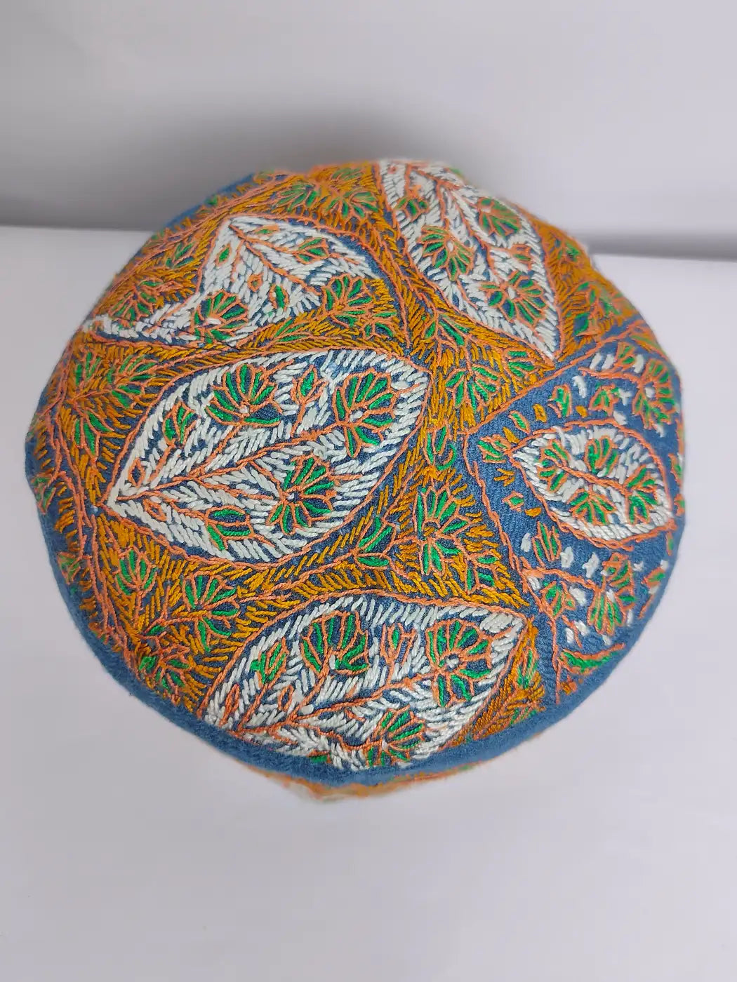 Kashmiri Pashmina Cap in Blue with Kashmiri Sozni Embroidery