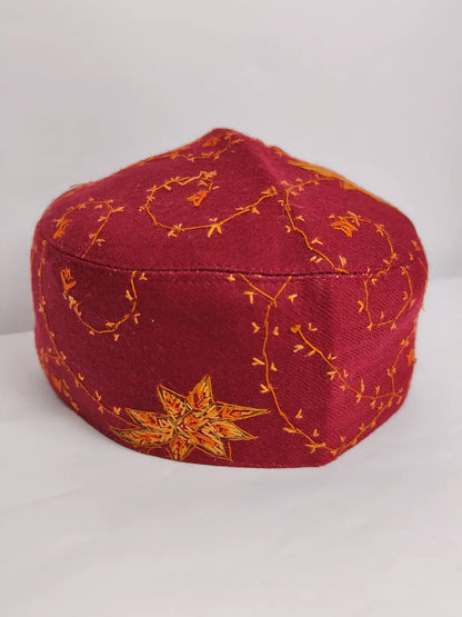 Maroon Sozni Jaal Work Kashmiri Cap | Fazza