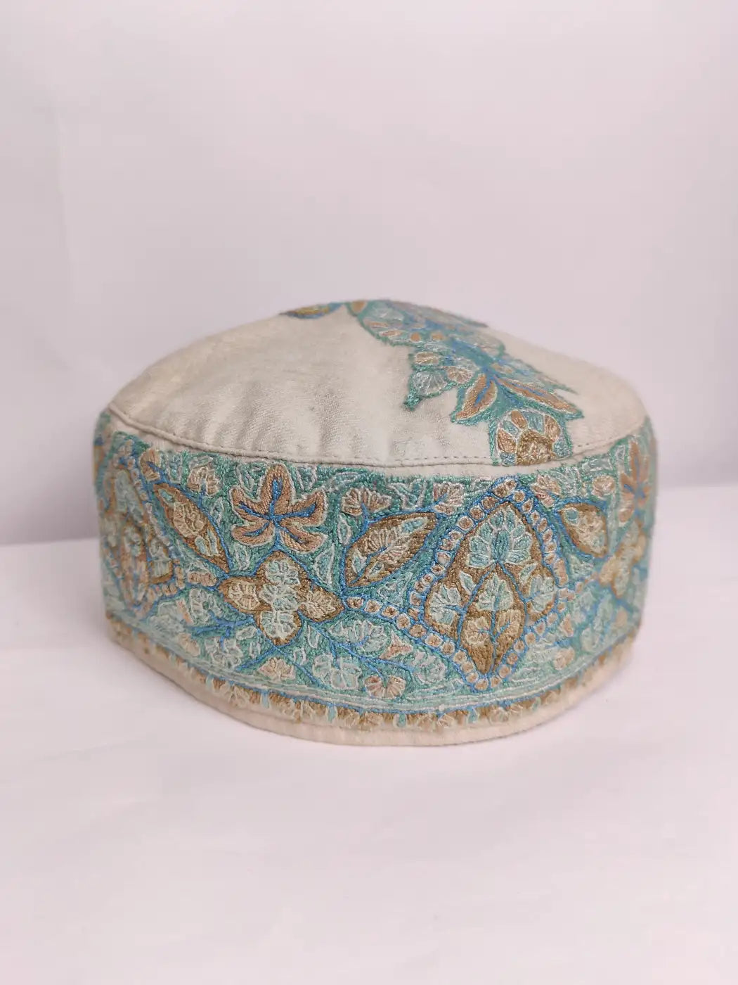 Cream Omani Style Pashmina Cap for Gents with Kashmiri Sozni Embroidery | Hanif