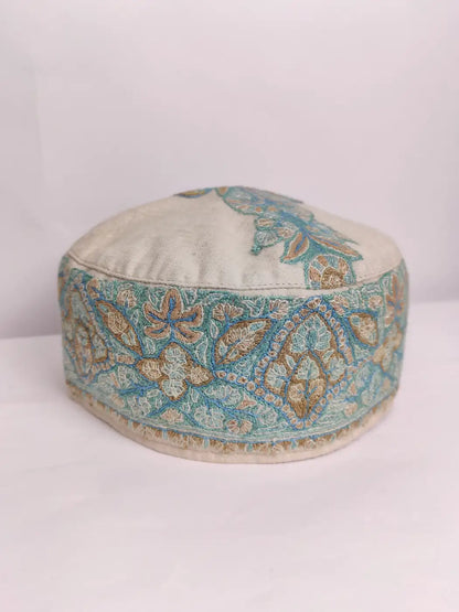 Cream Omani Style Pashmina Cap for Gents with Kashmiri Sozni Embroidery | Hanif