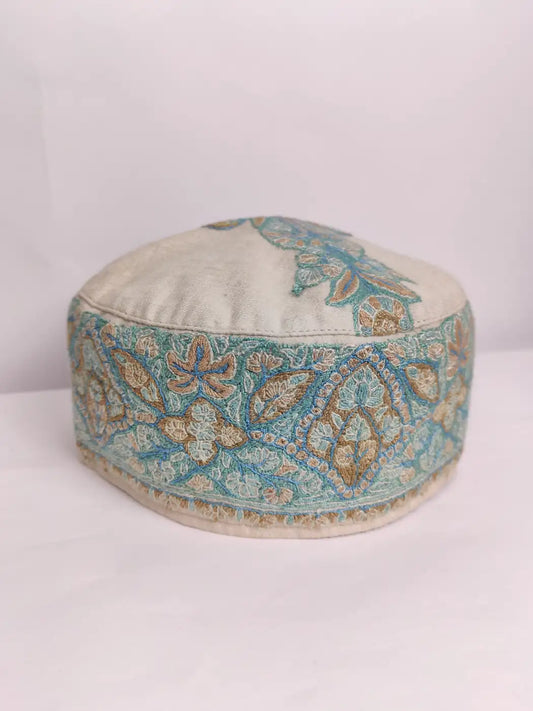 Cream Omani Style Pashmina Cap for Gents with Kashmiri Sozni Embroidery | Hanif