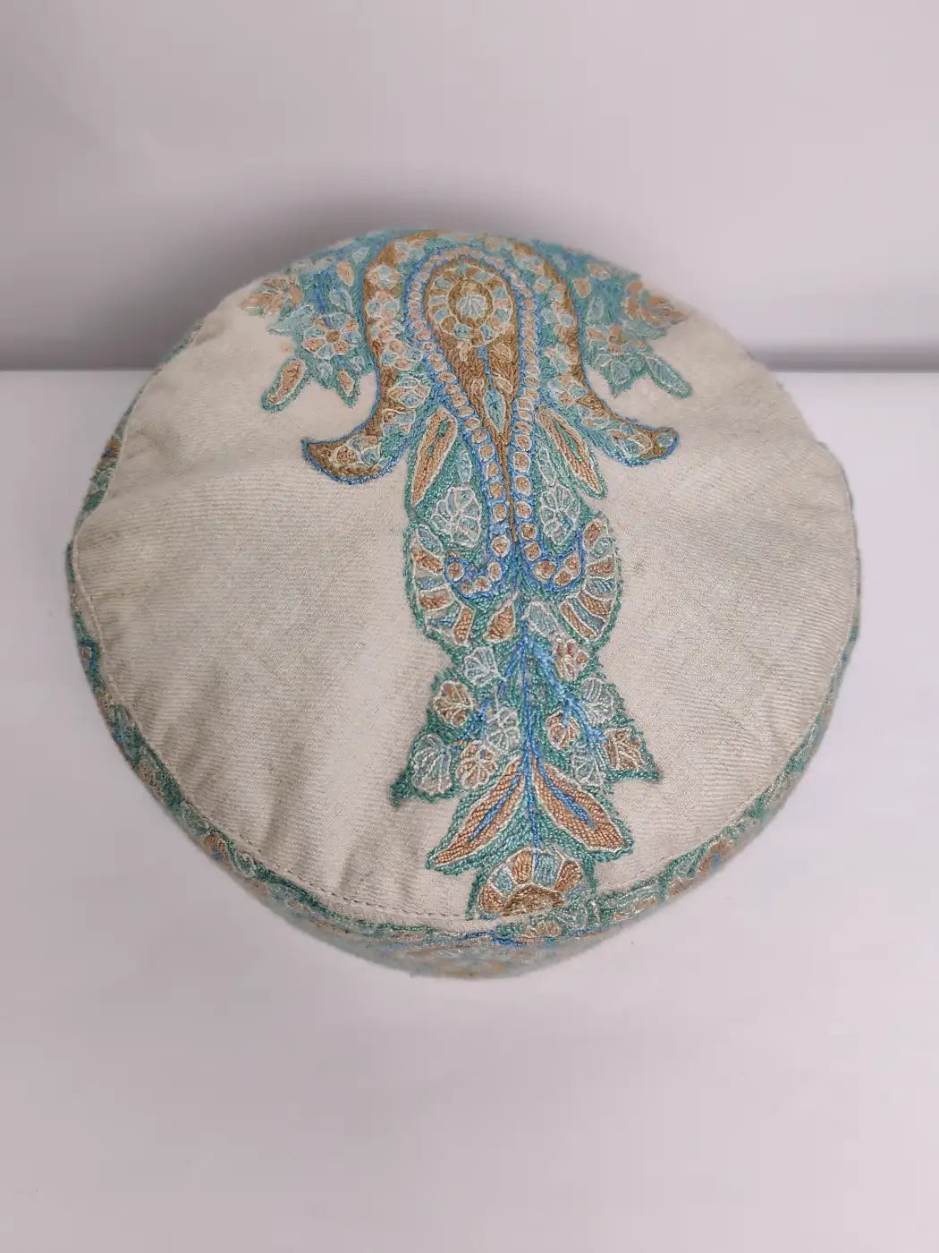 Cream Omani Style Pashmina Cap for Gents with Kashmiri Sozni Embroidery | Hanif