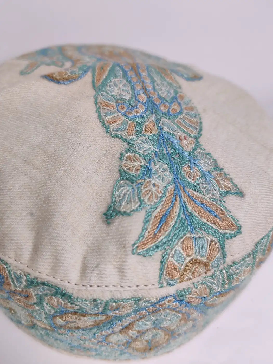 Cream Omani Style Pashmina Cap for Gents with Kashmiri Sozni Embroidery | Hanif