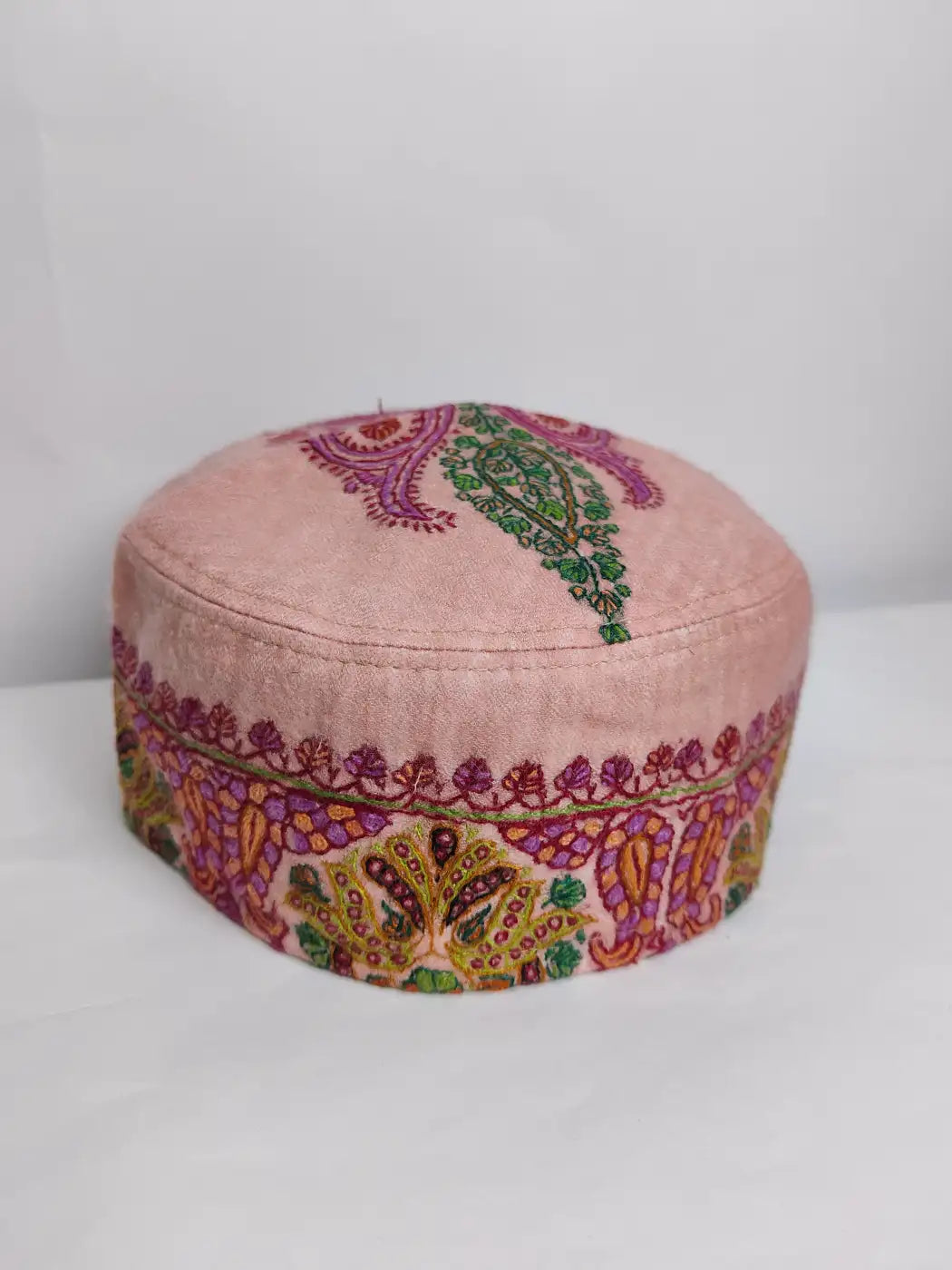 Foldable Pink Pashmina Cap with Kashmiri Sozni Embroidery | Hafizur