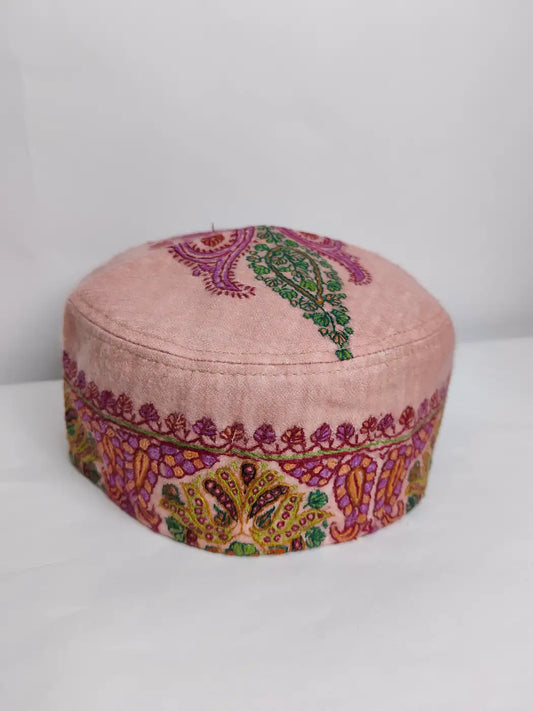 Foldable Pink Pashmina Cap with Kashmiri Sozni Embroidery | Hafizur