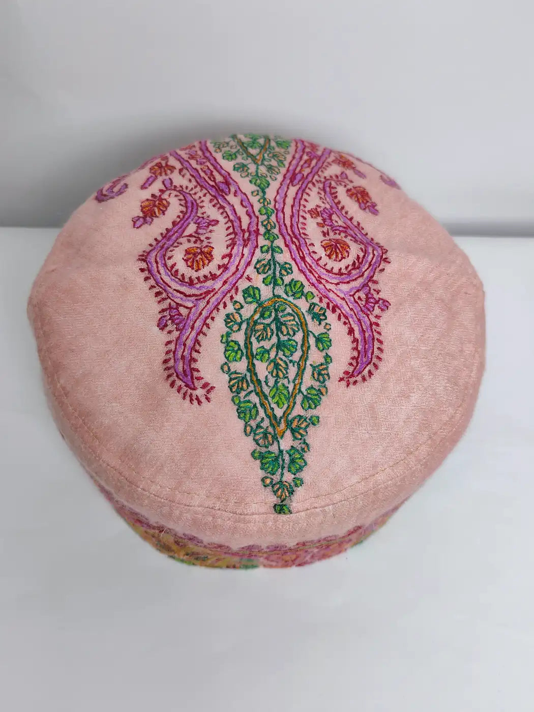 Foldable Pink Pashmina Cap with Kashmiri Sozni Embroidery | Hafizur