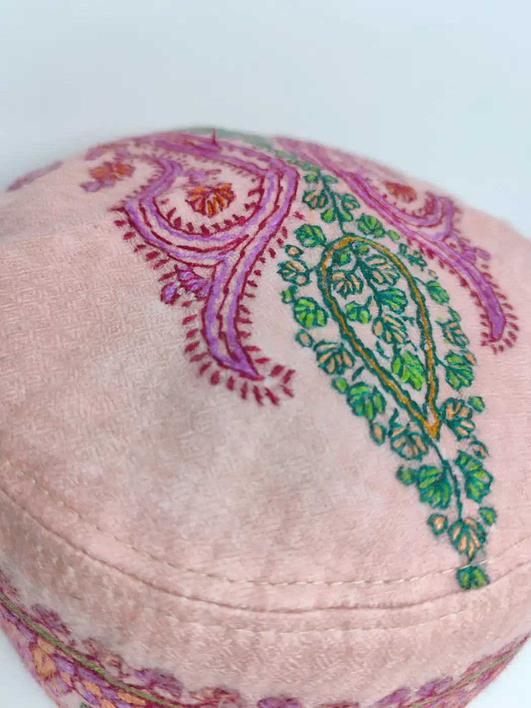 Foldable Pink Pashmina Cap with Kashmiri Sozni Embroidery | Hafizur