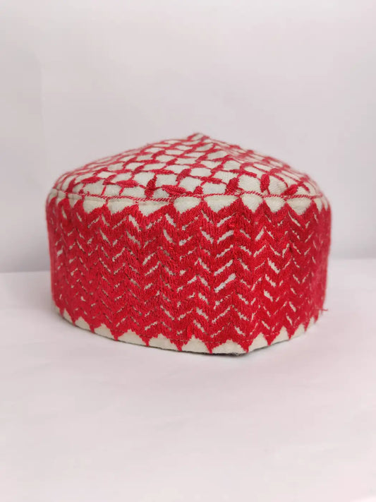 Oman Cream Pashmina Cap Hafiz with Red Sozni Embroidery