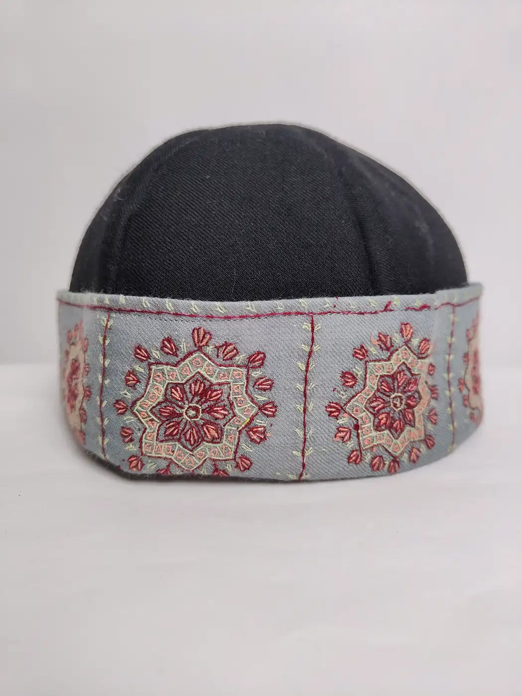 unique Kashmiri cap in black with sozni embroidery border 