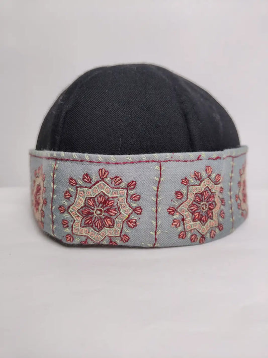 unique Kashmiri cap in black with sozni embroidery border 
