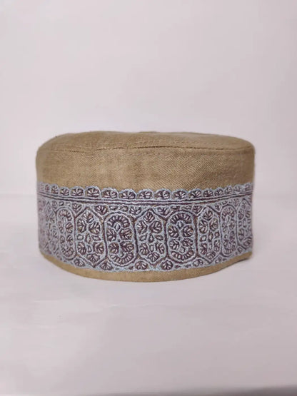 mp pashmina cap with hand sozni work in continuous patterns across border