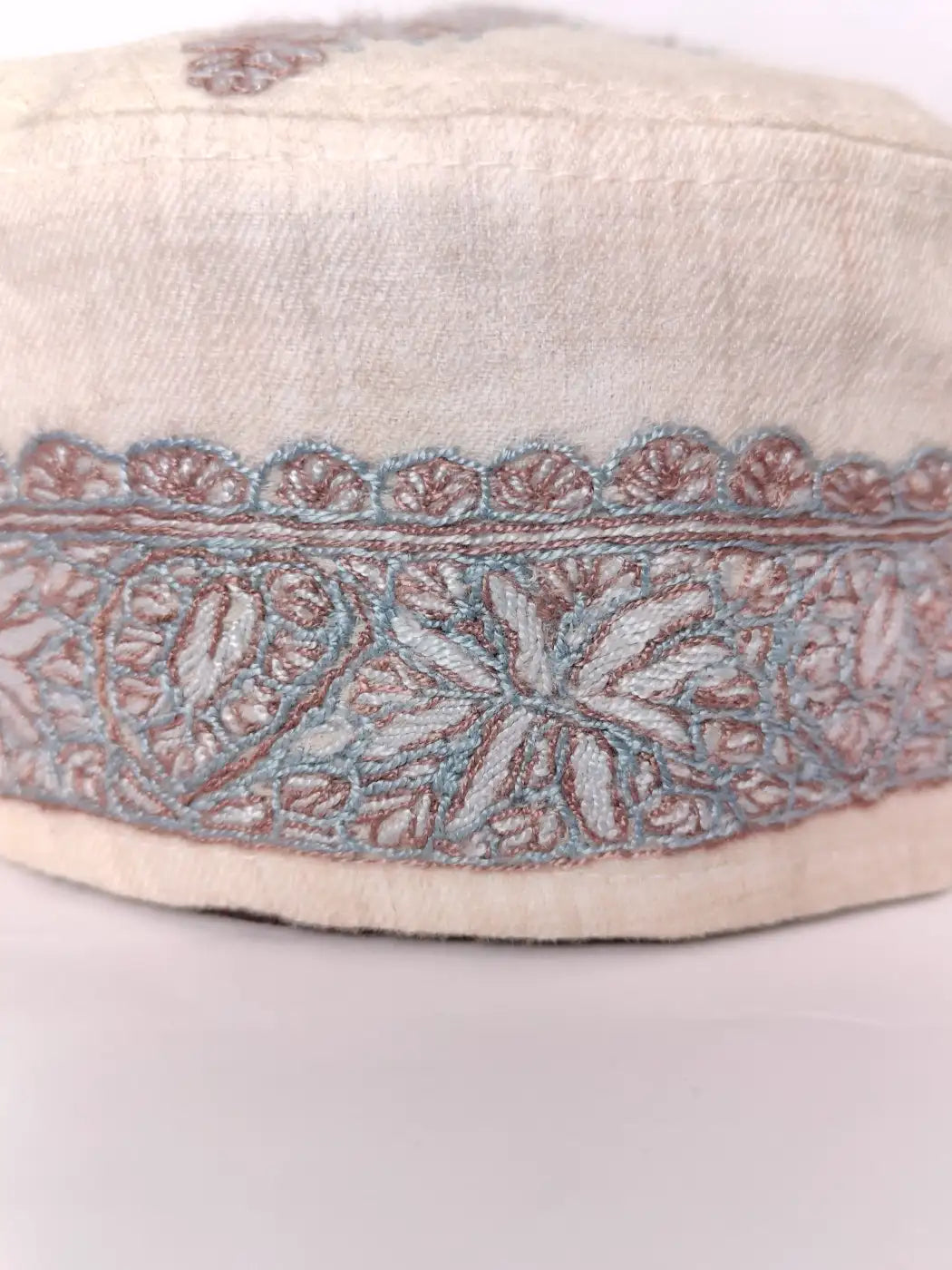 white Kashmiri cap side hand sozni embroidery 