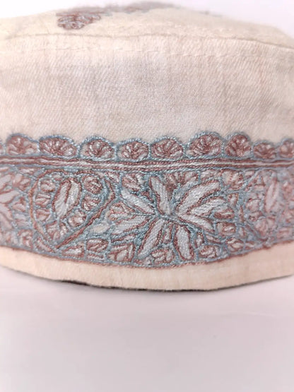 white Kashmiri cap side hand sozni embroidery 