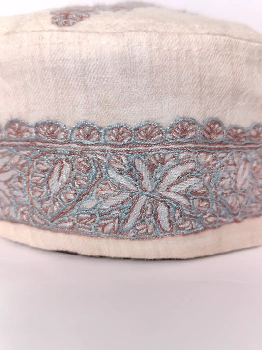 white Kashmiri cap side hand sozni embroidery 
