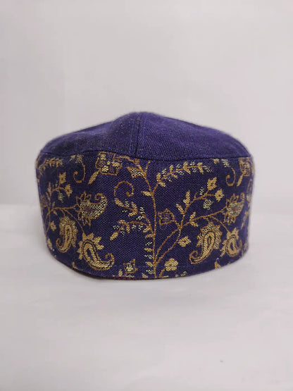 dark blue kani topi from Kashmir with vine pattern on sides 
