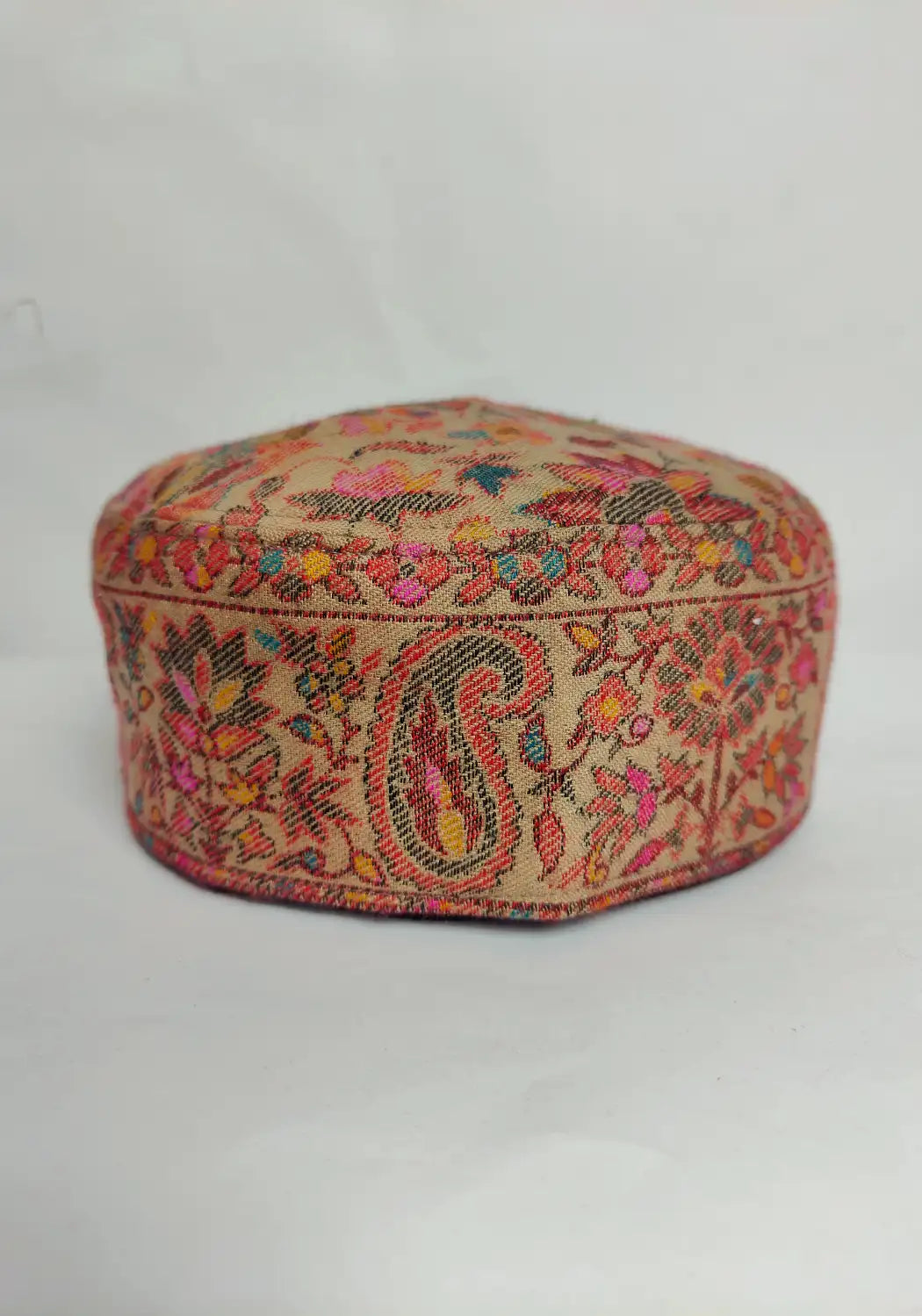 Kashmiri kani cap in beige colour badam pattern on sides