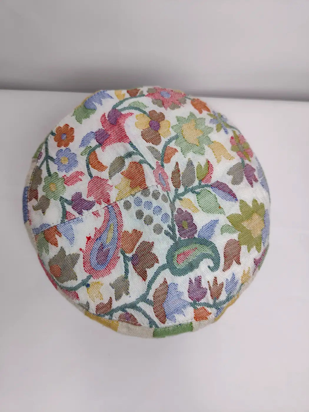 Kashmiri cap in white with top side florals