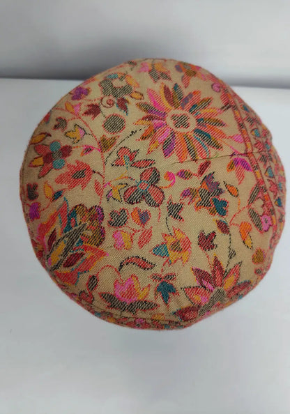 Kashmiri kani cap top side in beige colour base