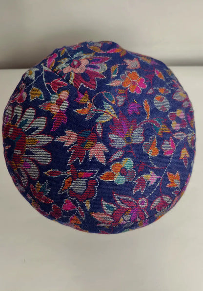 dark blue kani cap top side in floral woven pattern