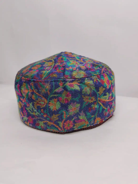 Kashmiri cap in dark blue with florals in kani pattern