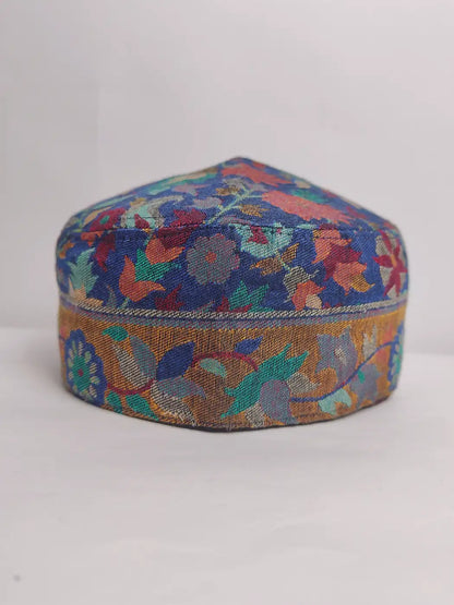 blue kani pattern cap from Kashmir 