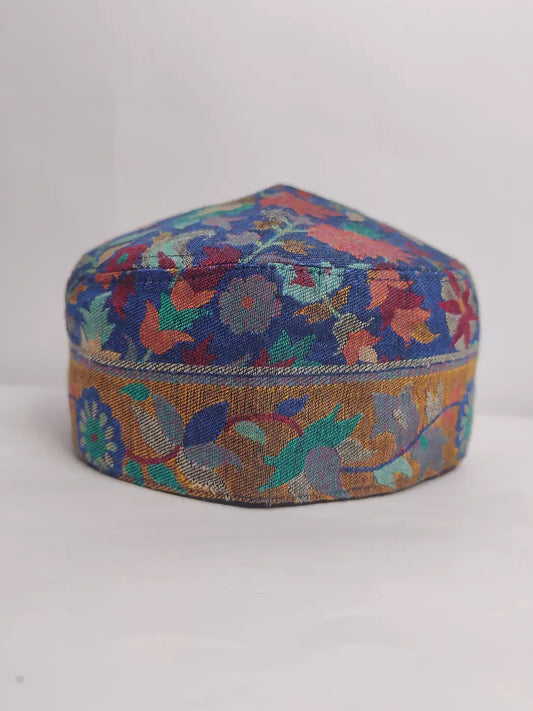 blue kani pattern cap from Kashmir 