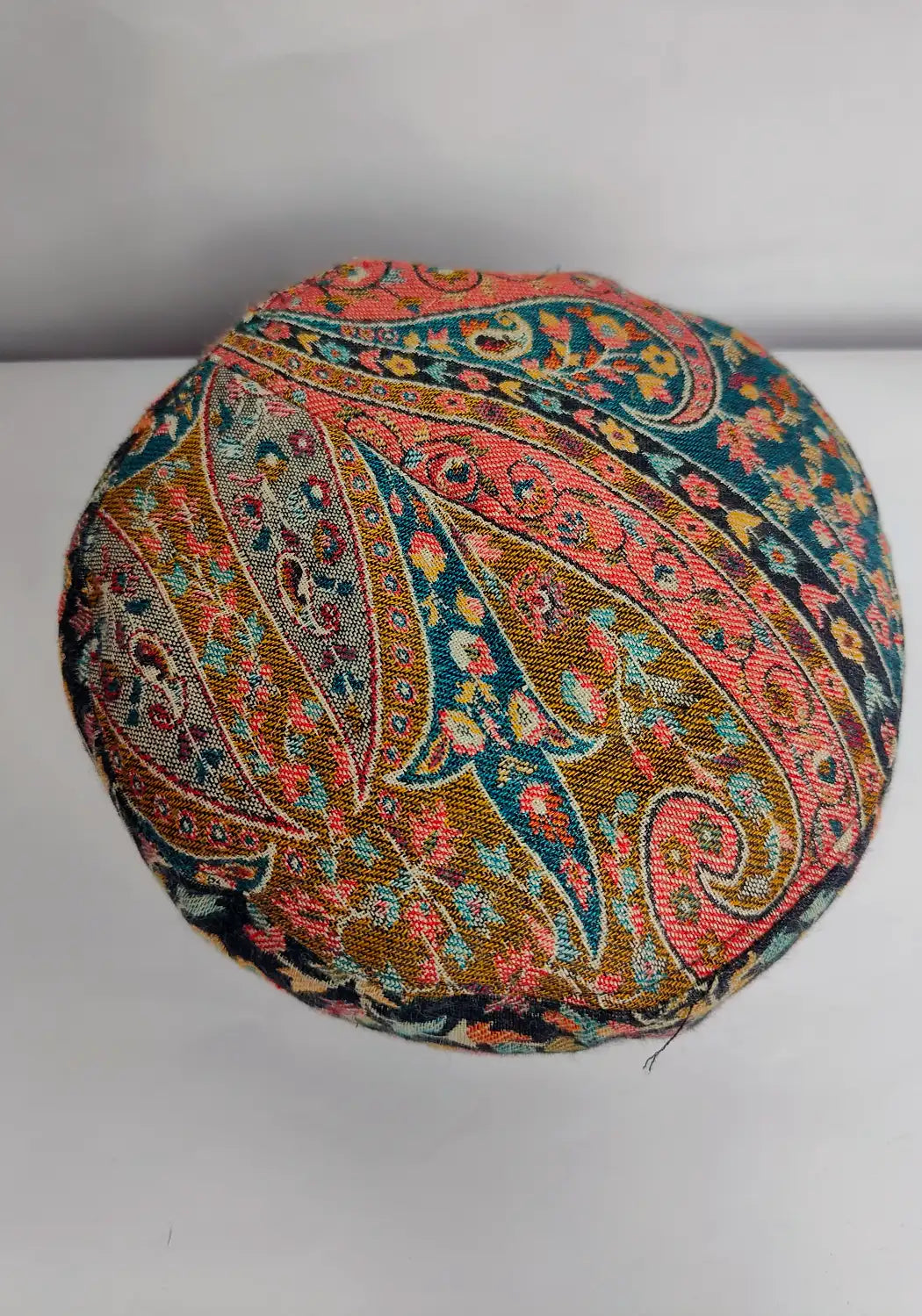 Kashmiri black kani cap top side in floral pattern