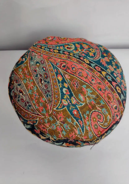 Kashmiri black kani cap top side in floral pattern