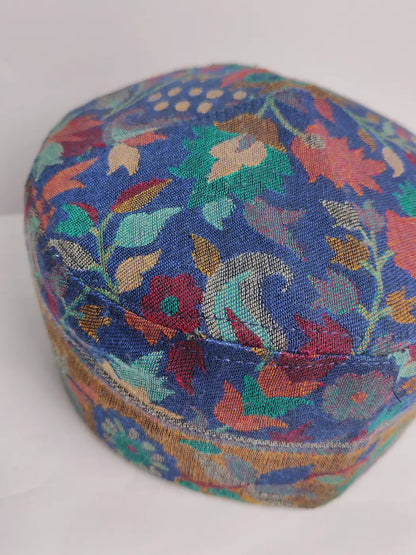 blue kani Kashmiri cap with floral patterns