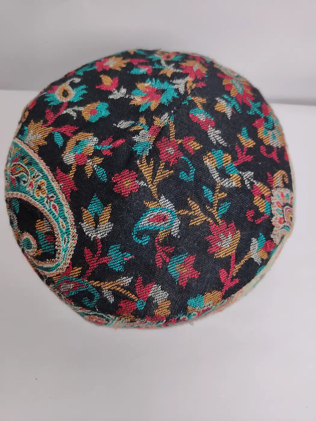 Black Kashmiri kani cap in floral motifs